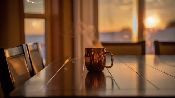 Warm tea on a table with soft morning light and a simple setup